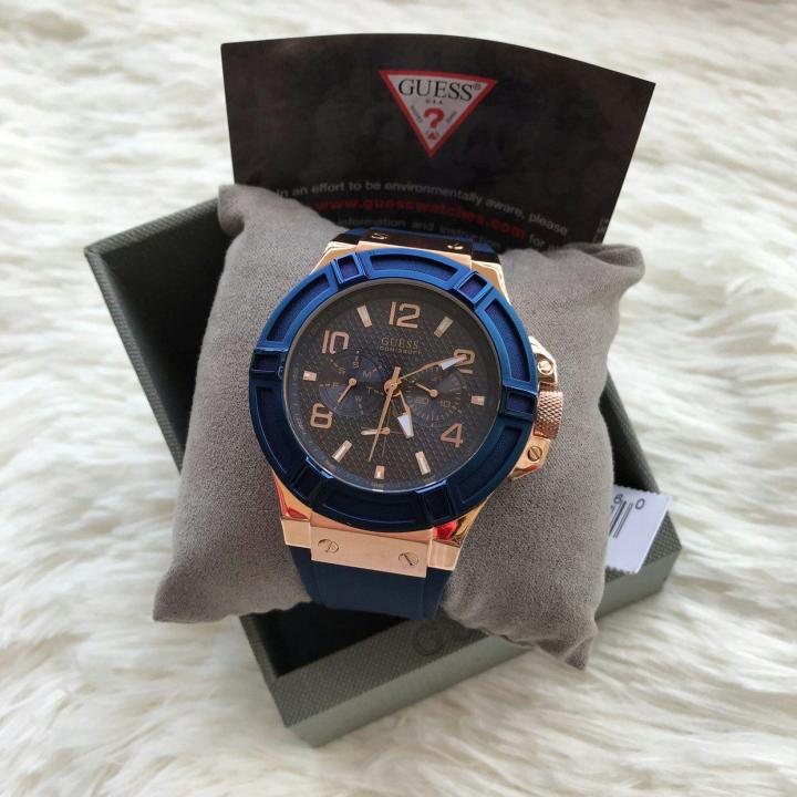 Guess Rigor Blue Dial Blue Silicone Strap Watch For Men - W0247G3
