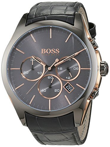 Hugo Boss Onyx Grey Dial Black Leather Strap Watch for Men - 1513366