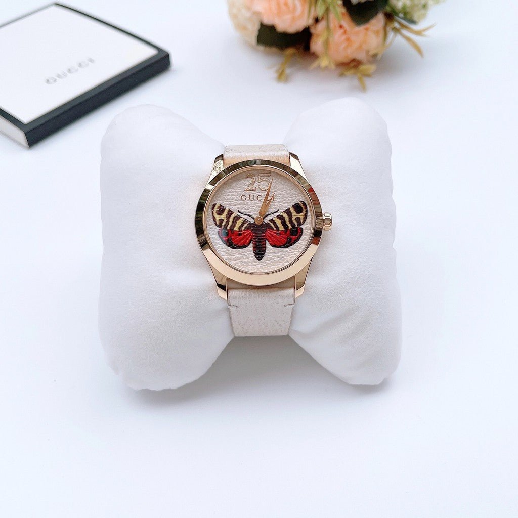 Gucci G Timeless Butterfly White Dial White Leather Strap Watch For Women - YA1264062