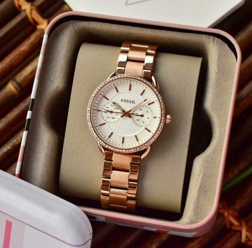 Fossil Tailor Rose Gold Dial Rose Gold Steel Strap Watch for Women - ES4264