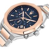 Maserati Stile Chronograph Blue Dial Rose Gold Two Tone Strap Watch For Men - R8873642002