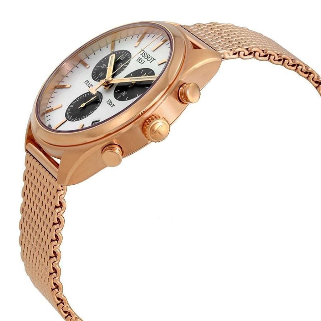 Tissot T Classic PR 100 Chronograph Silver Dial Rose Gold Mesh Bracelet Watch For Men - T101.417.33.031.01