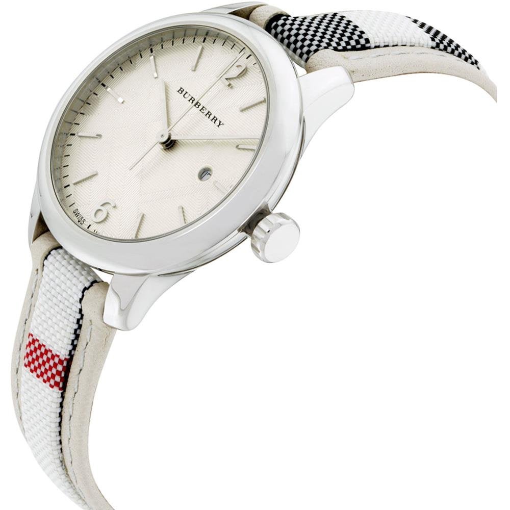 Burberry The Classic Guilloche Silver Dial Grey Leather Strap Watch for Women - BU10113