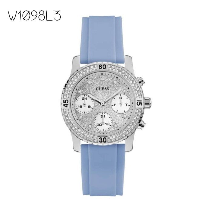 Guess Confetti Crystal Silver Dial Blue Rubber Strap Watch For Women - W1098L3