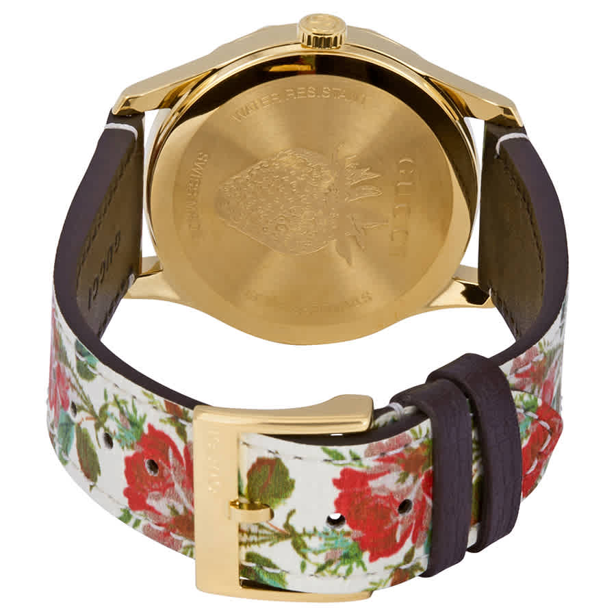 Gucci G Timeless Floral Gold Dial White Leather Strap Watch For Women - YA1264084