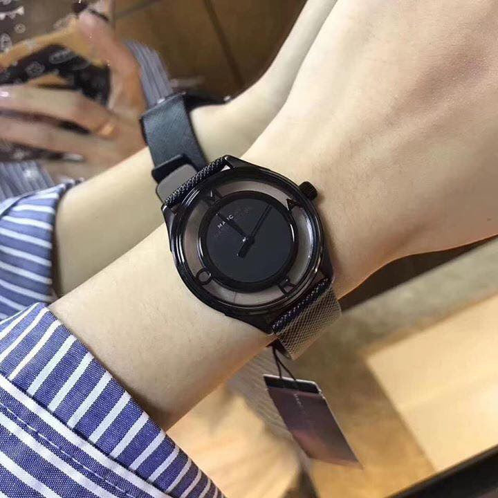 Marc Jacobs Tether Transparent Black Dial Black Leather Strap Watch for Women - MBM1379