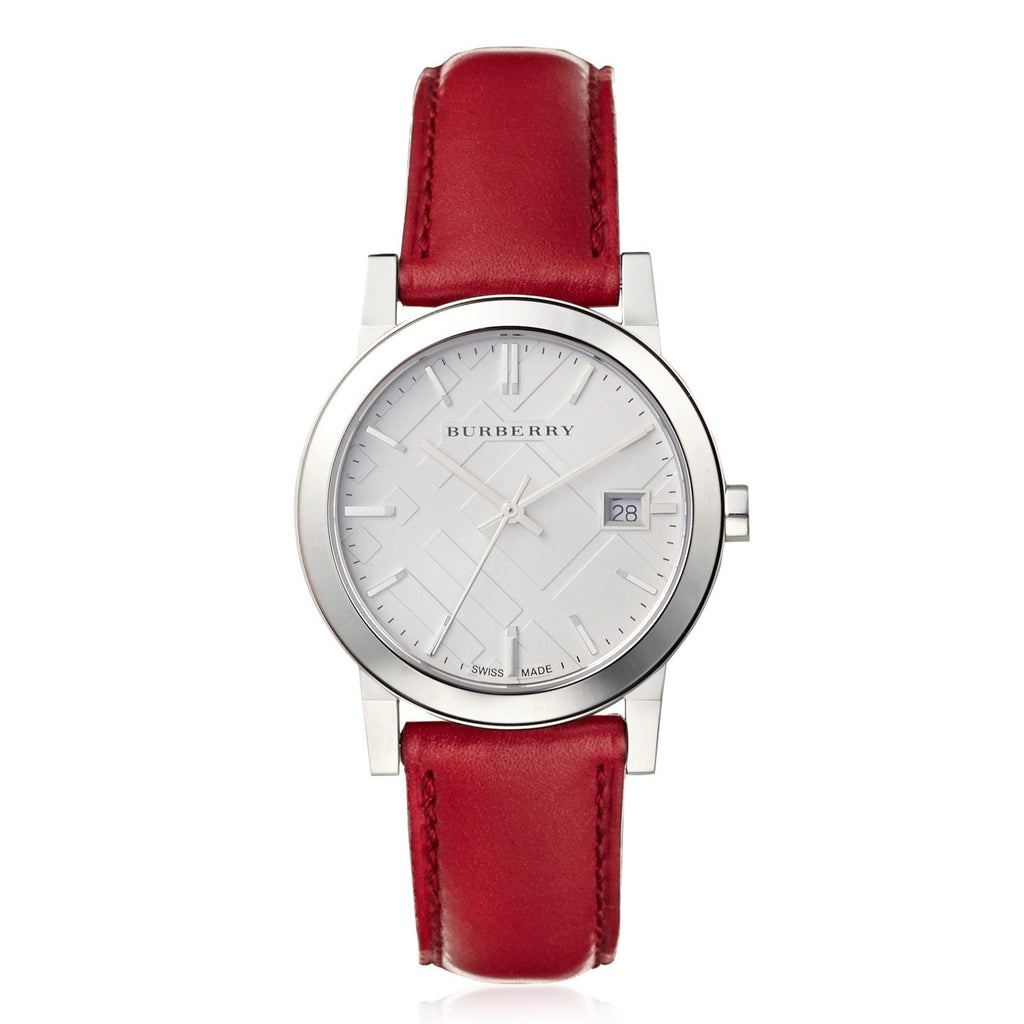 Burberry The City Silver Dial Red Leather Strap Watch for Women - BU9129