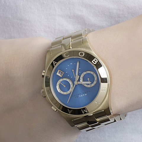 Marc Jacobs Blade Chronograph Blue Dial Gold Steel Strap Watch for Women - MBM3307