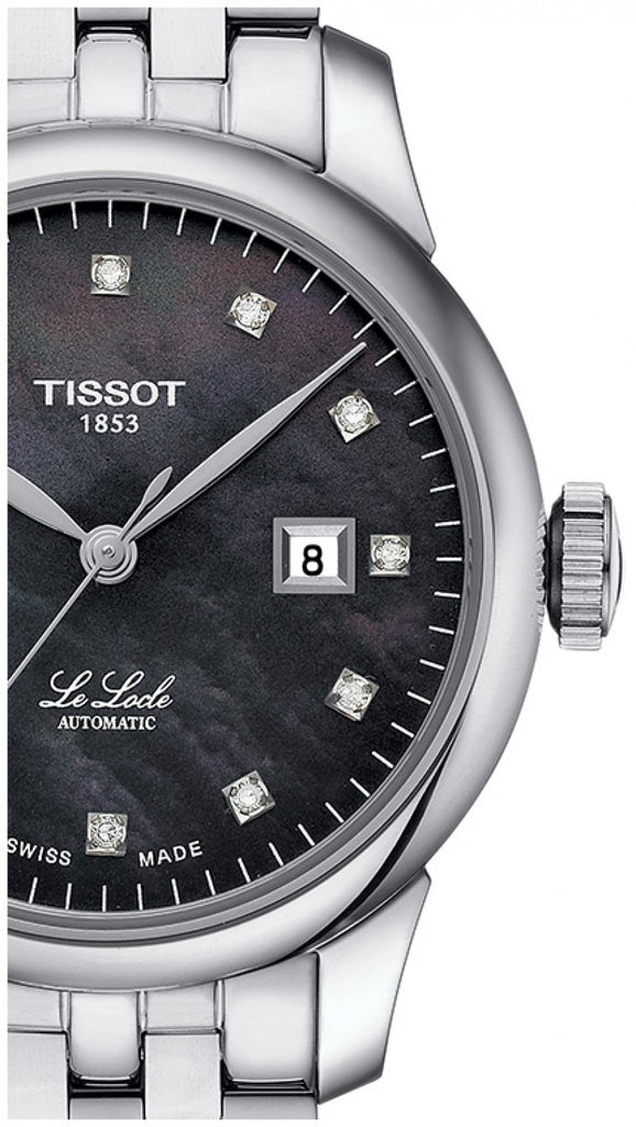 Tissot Le Locle Automatic Diamonds Mother of Pearl Black Dial Silver Steel Strap Watch For Women - T006.207.11.126.00