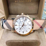 Burberry The City White Dial Haymarket Beige Leather Strap Watch for Women - BU9752