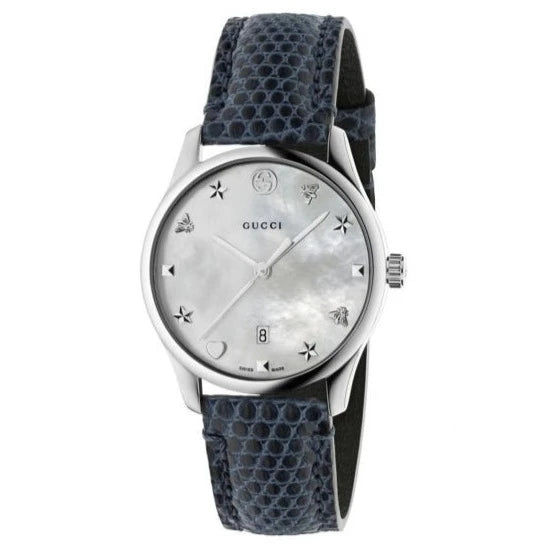Gucci G-Timeless Signature Mother of Pearl Silver Dial Blue Leather Strap Watch For Women - YA1264049
