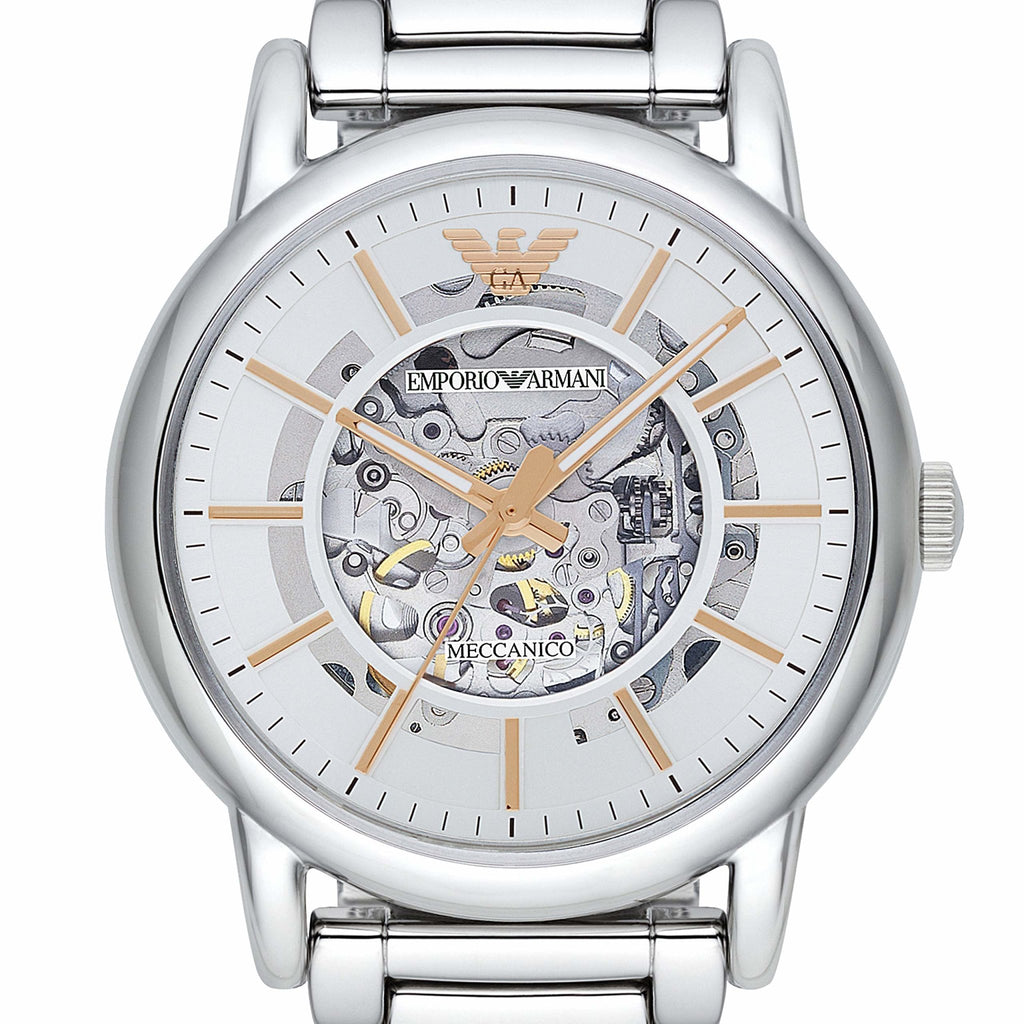 Emporio Armani Meccanico Skeleton Silver Dial Silver Steel Strap Watch For Men - AR1980