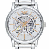 Emporio Armani Meccanico Skeleton Silver Dial Silver Steel Strap Watch For Men - AR1980