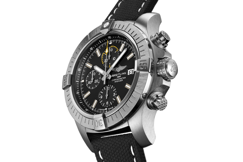 Breitling Avenger Chronograph 45mm Black Dial Black Leather Strap Watch for Men - A13317101B1X1