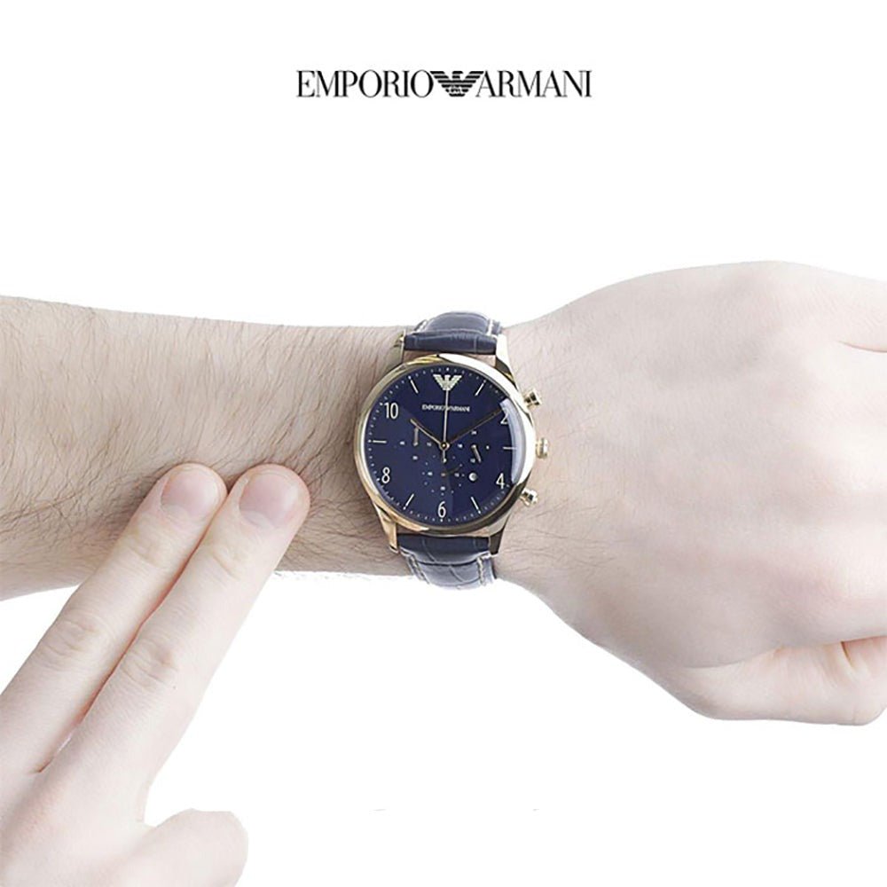 Emporio Armani Chronograph Midnight Blue Dial Blue Leather Strap Watch For Men - AR1862