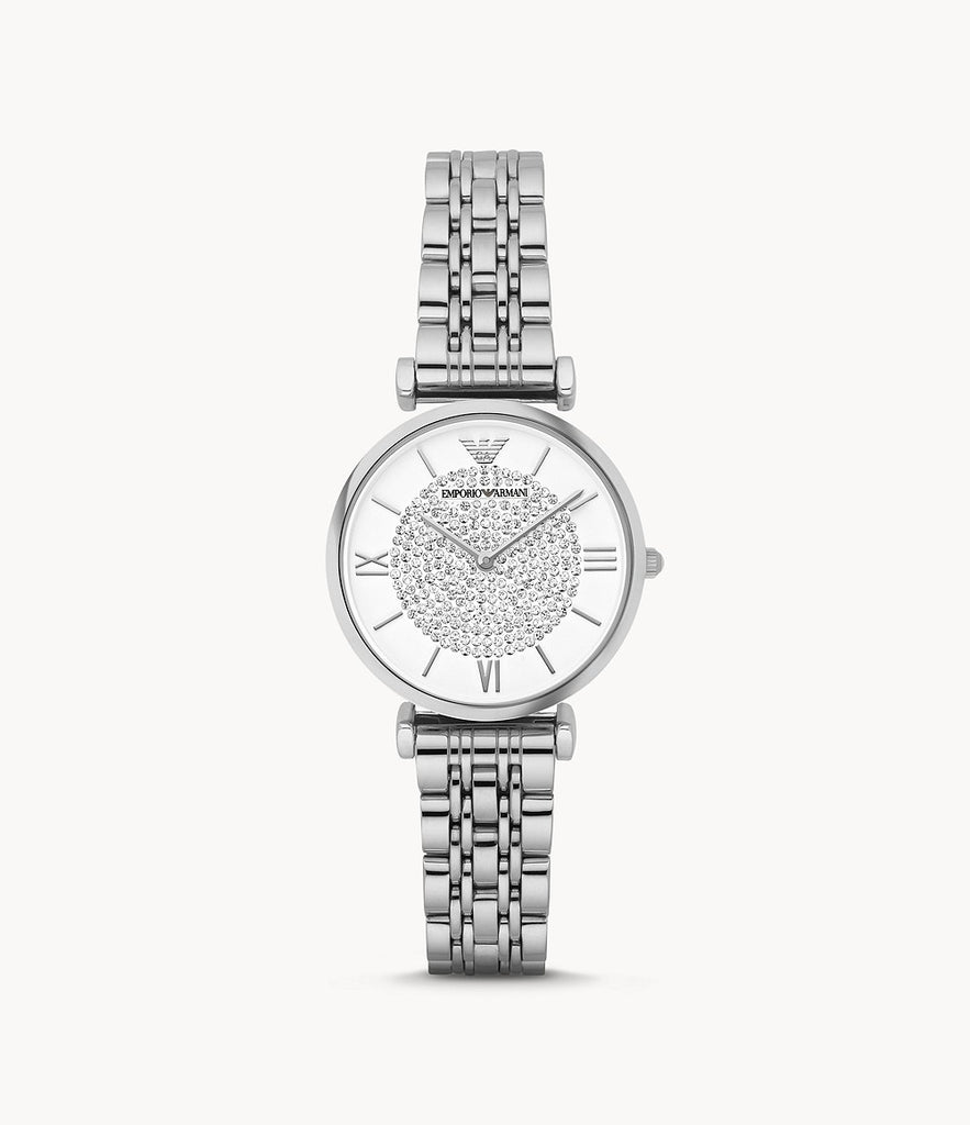 Emporio Armani Gianni T Bar White Crystal Pave Dial Silver Stainless Steel Strap Watch For Women - AR1925