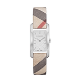 Burberry The Pioneer Silver Dial Haymarket Beige Leather Strap Watch for Women - BU9406