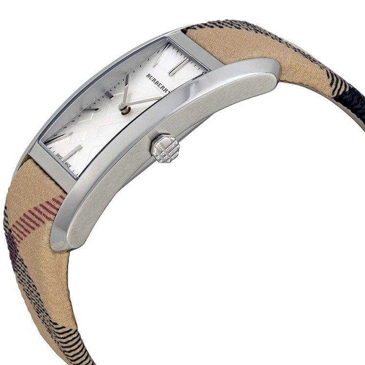 Burberry The Pioneer Silver Dial Haymarket Beige Leather Strap Watch for Women - BU9406