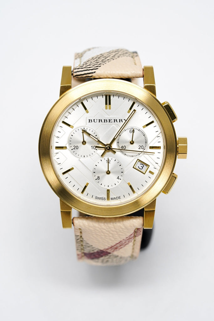 Burberry The City White Dial Haymarket Beige Leather Strap Watch for Women - BU9752