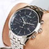 Citizen Eco Drive Chronograph Blue Dial Silver Steel Strap Watch For Men - AT2140-55L