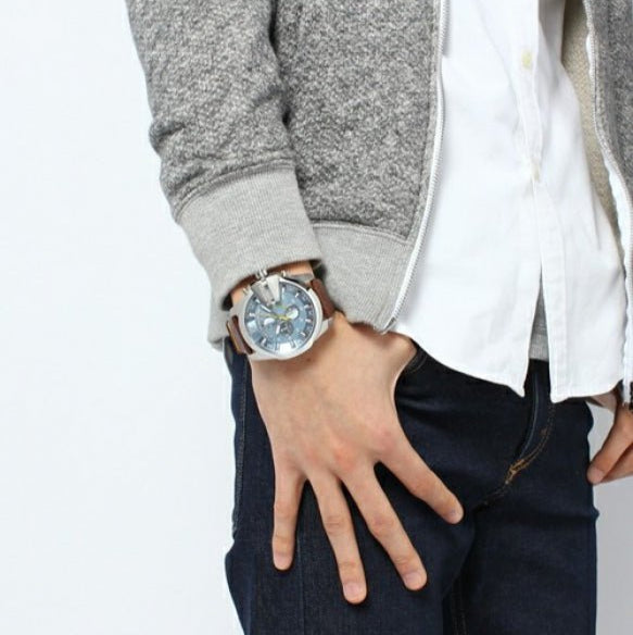 Diesel Mega Chief Chronograph Blue Dial Brown Leather Strap Watch For Men - DZ4281