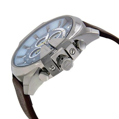 Diesel Mega Chief Chronograph Blue Dial Brown Leather Strap Watch For Men - DZ4281