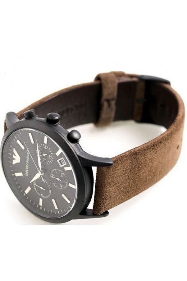 Emporio Armani Chronograph Black Dial Brown Leather Strap Watch For Men - AR11078
