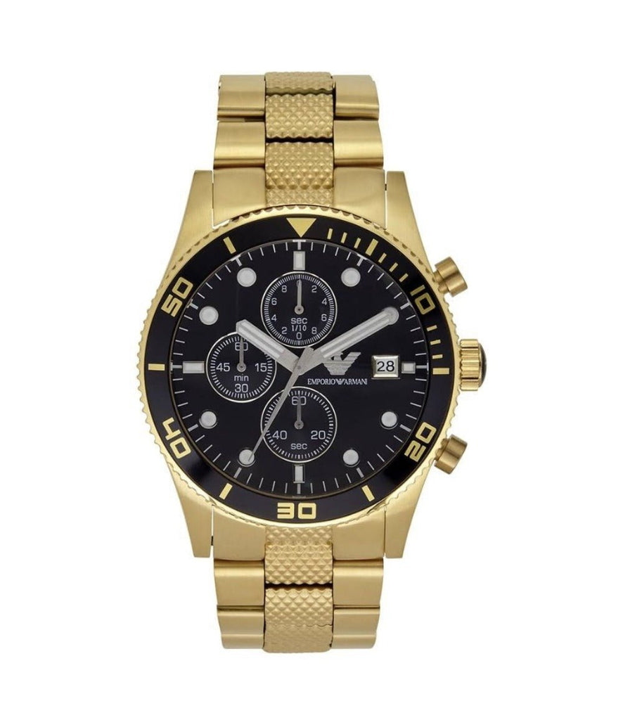 Emporio Armani Chronograph Black Dial Gold Steel Strap Watch For Men - AR5857