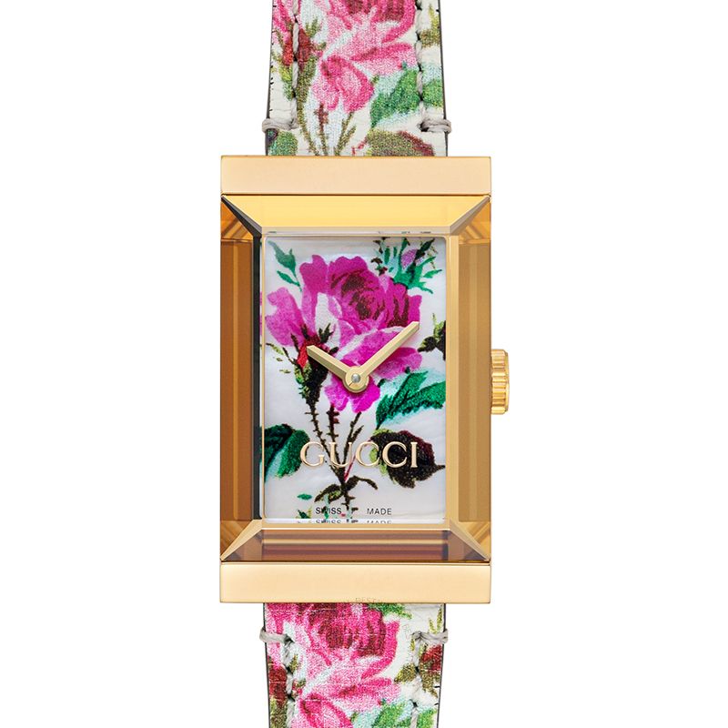 Gucci G-Frame Floral Mother of Pearl Dial White Leather Strap Watch For Women - YA147406