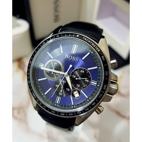 Hugo Boss Driver Sport Chronograph Blue Dial Black Leather Strap Watch for Men - 1513077