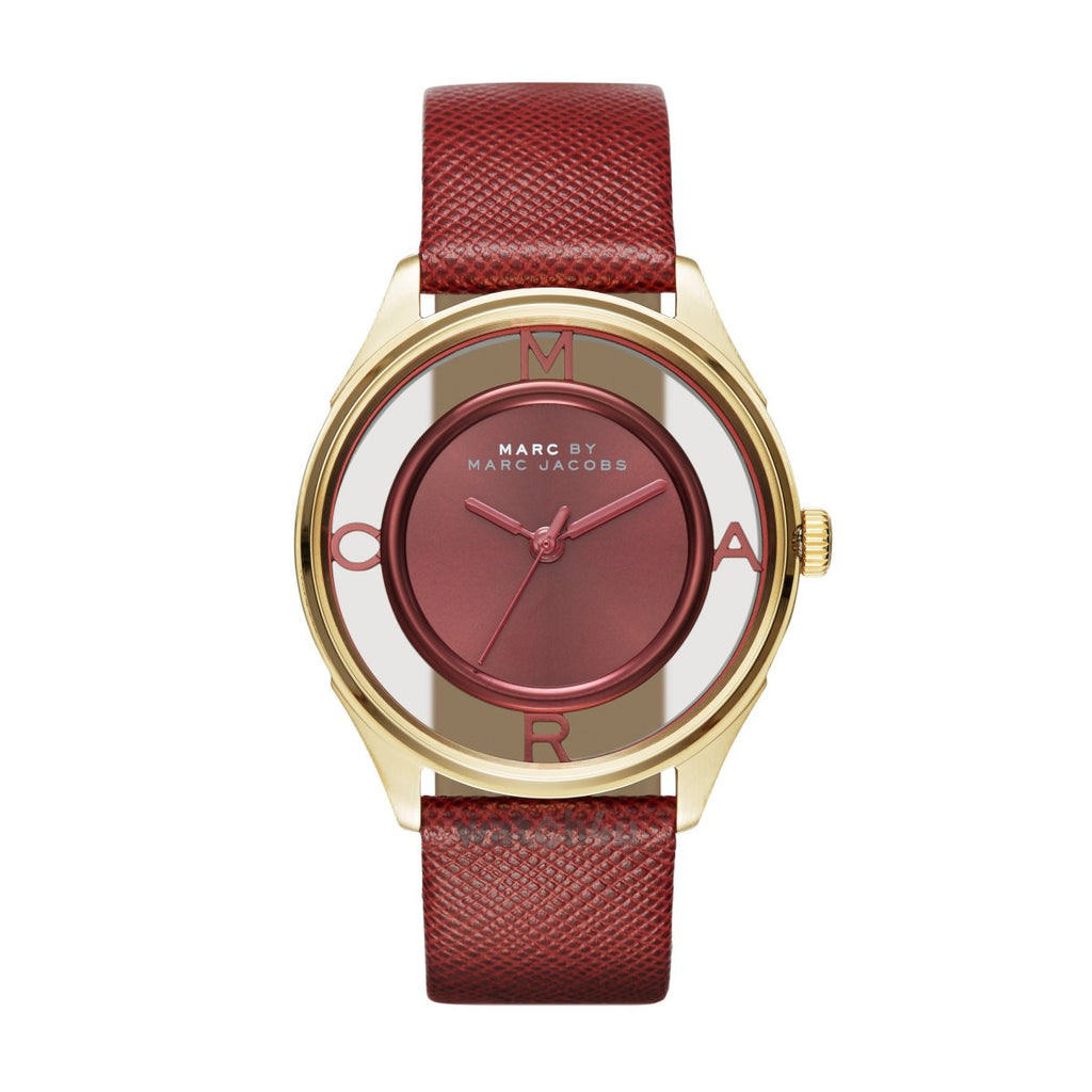 Marc Jacobs Tether Transparent Red Dial Red Leather Strap Watch for Women - MBM1377