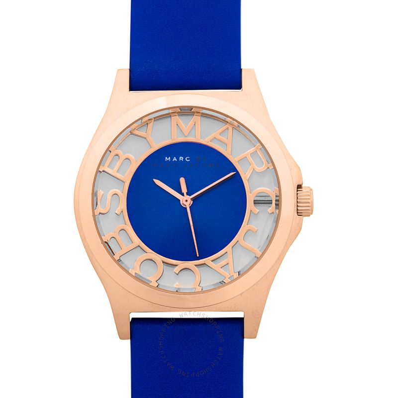 Marc Jacobs Henry Skeleton Blue Dial Blue Leather Strap Watch for Women - MBM1244