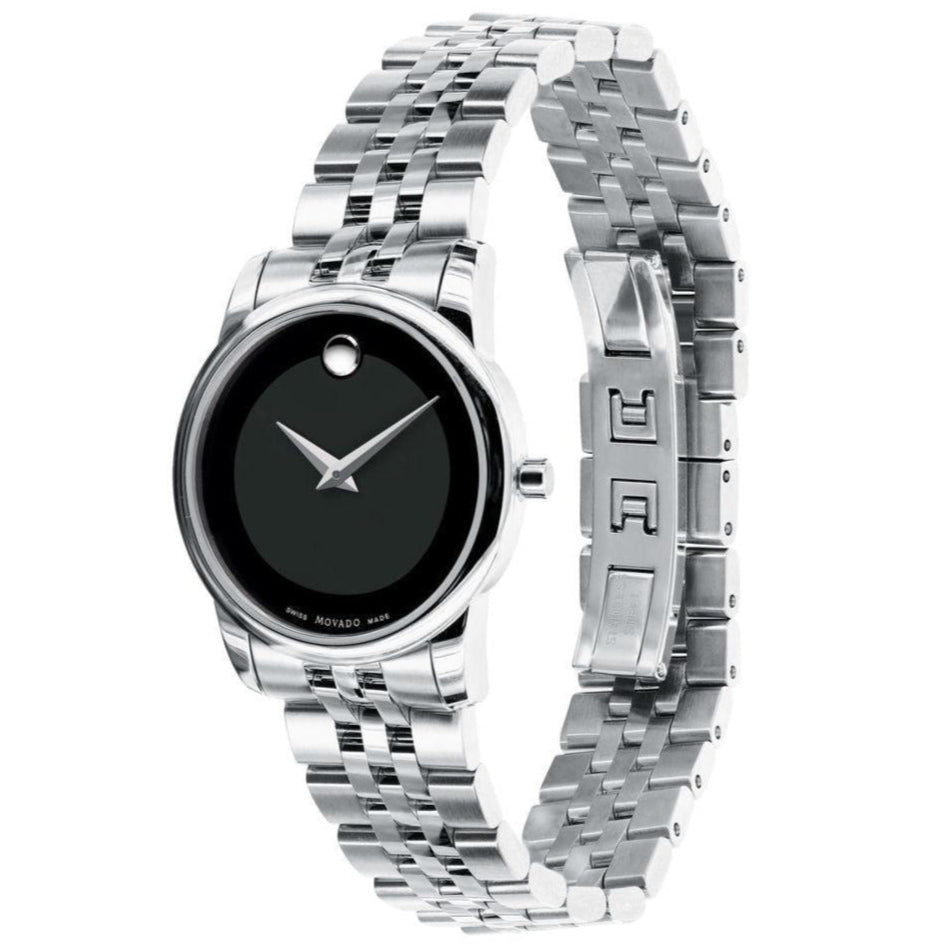 Movado Museum Classic Black Dial Silver Steel Strap Watch For Women - 0606505