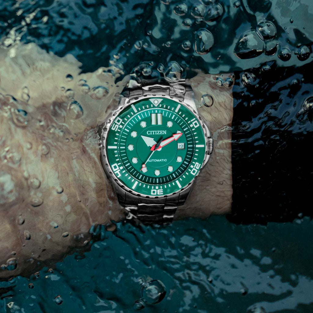 Citizen Promaster Mechanical Green Dial Silver Steel Strap Watch For Men - NJ0129-87X