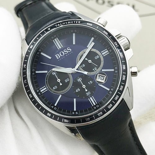 Hugo Boss Driver Sport Chronograph Blue Dial Black Leather Strap Watch for Men - 1513077