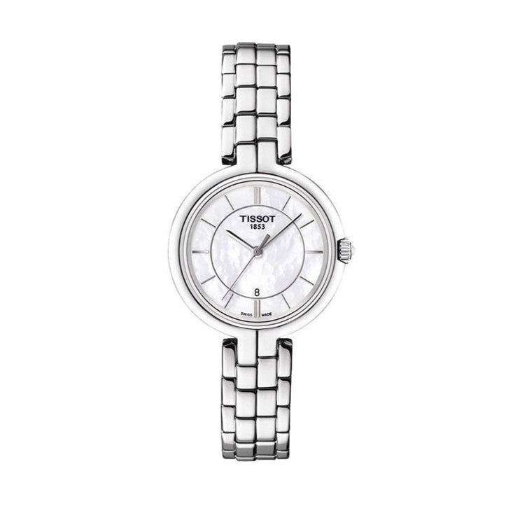 Tissot T Lady Flamingo Mother of Pearl White Dial Silver Steel Strap Watch For Women - T094.210.11.111.00