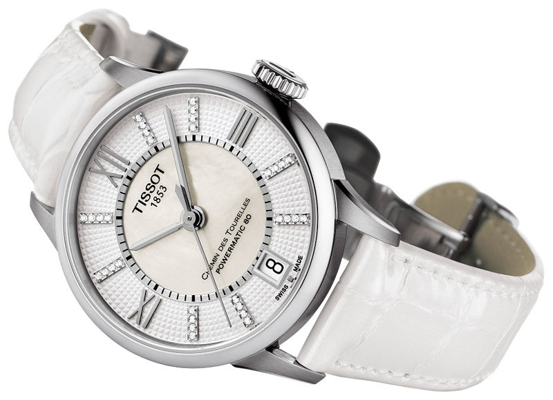 Tissot Chemin Des Tourelles Powermatic 80 Lady White Dial White Leather Strap Watch For Women - T099.207.16.116.00