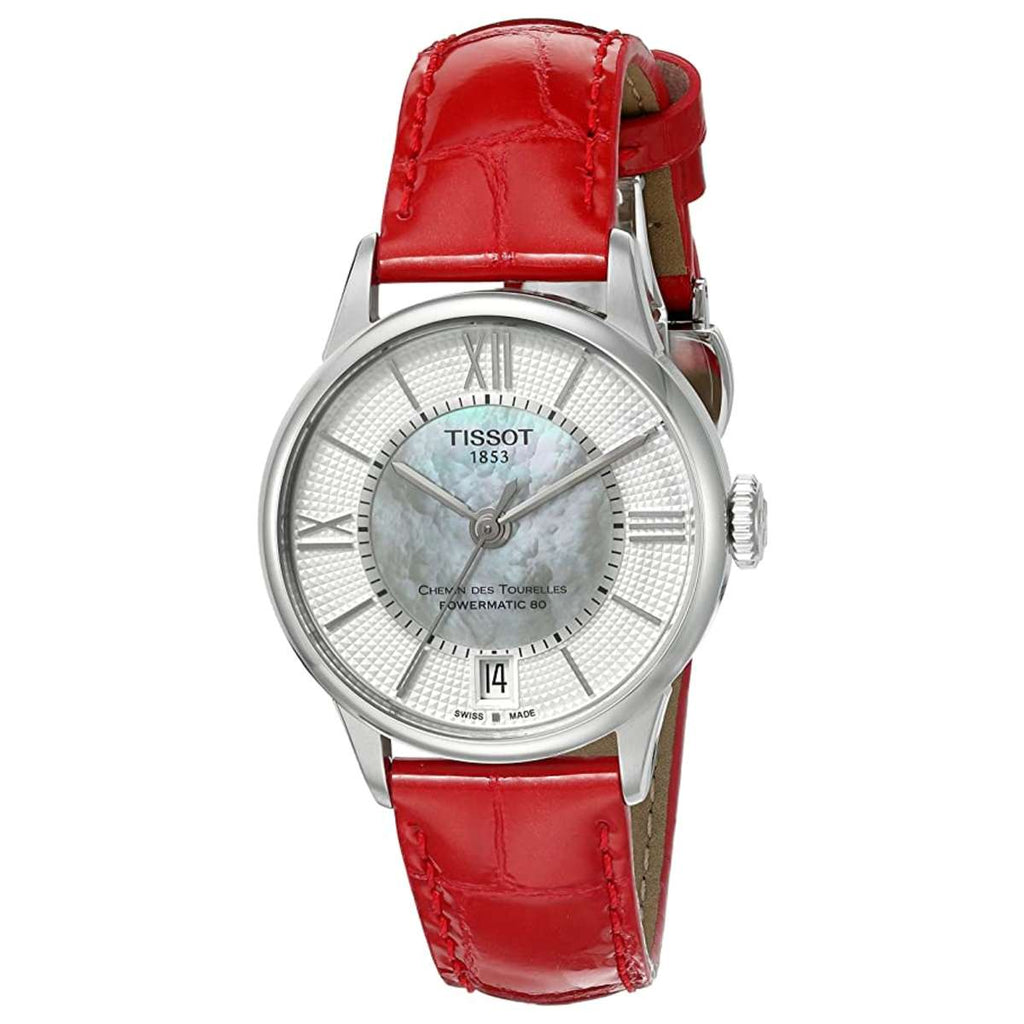 Tissot Chemin Des Tourelles Powermatic 80 Mother of Pearl White Dial Red Leather Strap Watch For Women - T099.207.16.118.00