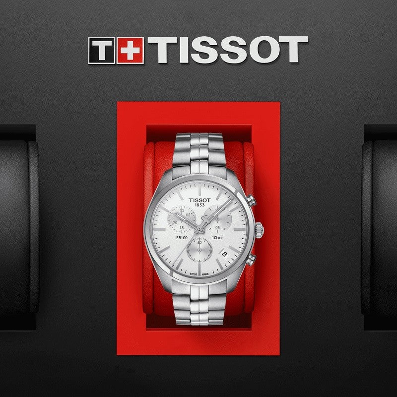 Tissot T Classic PR 100 Chronograph Silver Dial Silver Steel Strap Watch For Men - T101.417.11.031.00