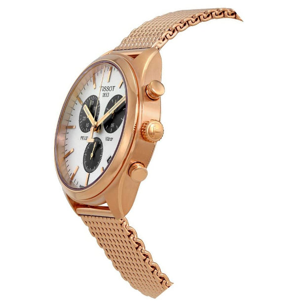Tissot T Classic PR 100 Chronograph Silver Dial Rose Gold Mesh Bracelet Watch For Men - T101.417.33.031.01