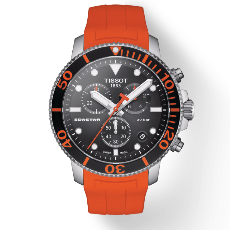 Tissot Seastar 1000 Chronograph Black Dial Orange Rubber Strap Watch For Men - T120.417.17.051.01