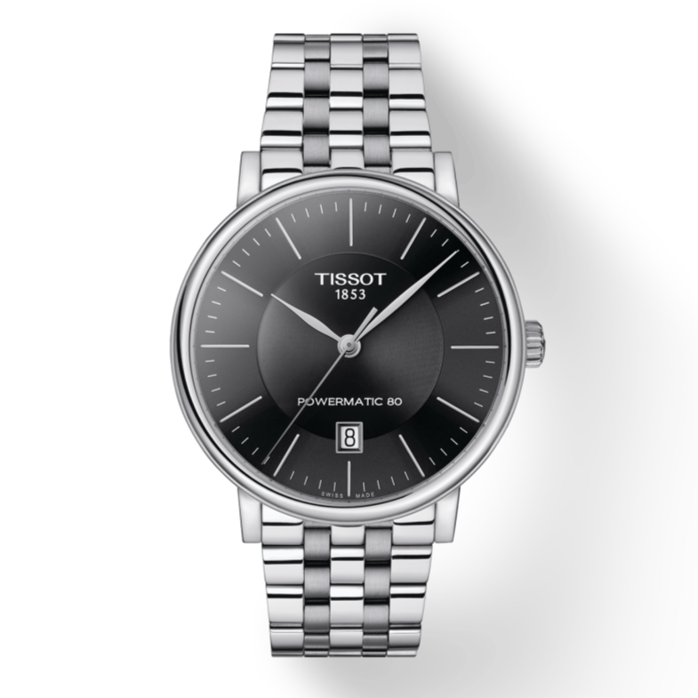 Tissot T Classic Carson Premium Powermatic 80 Black Dial Silver Steel Strap Watch For Men - T122.407.11.051.00