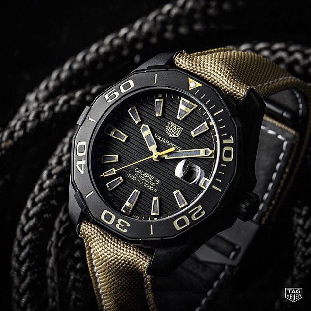 Tag Heuer Aquaracer 300 Calibre 5 Automatic Black Dial Brown Nylon Strap Watch for Men - WAY208C.FC6383