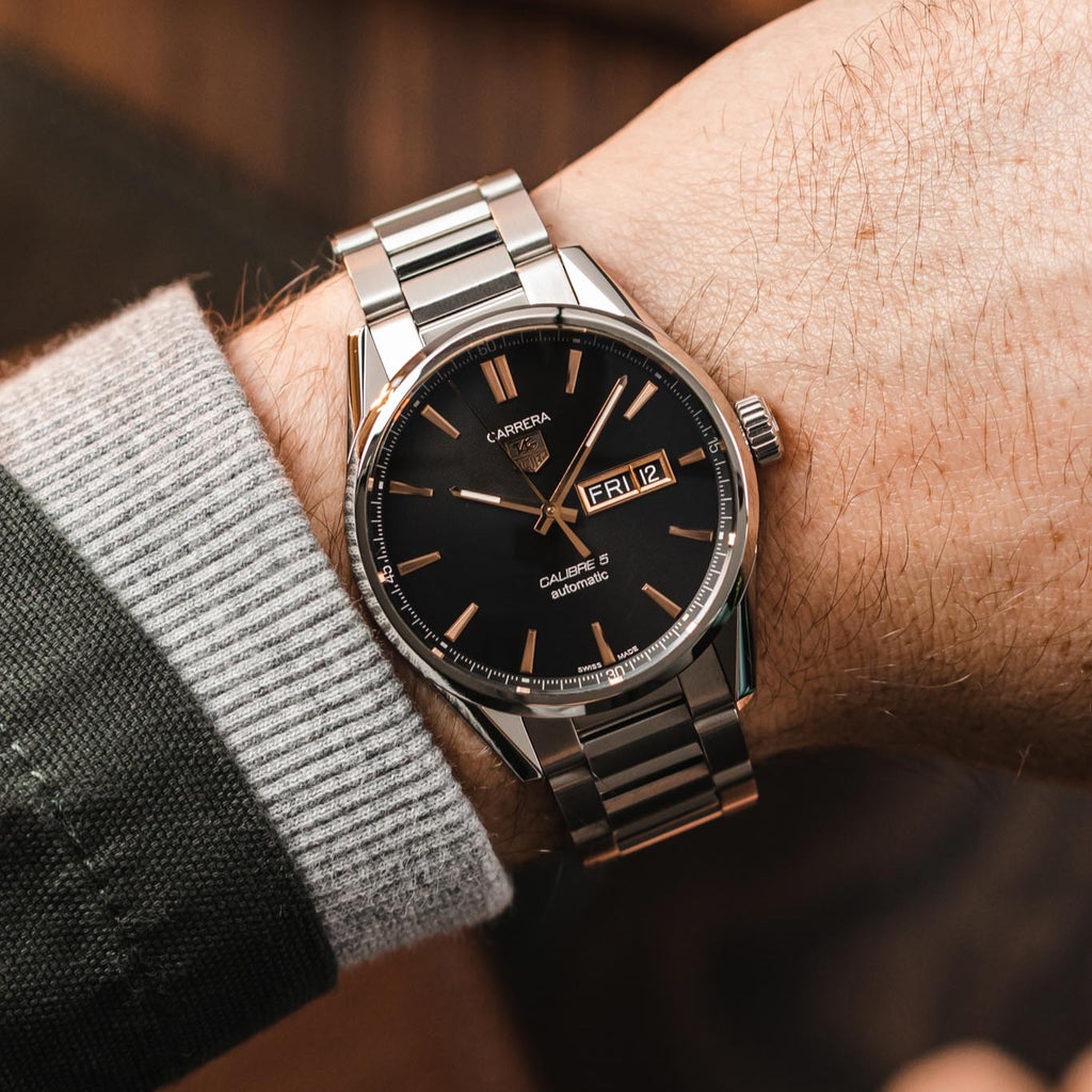 Tag Heuer Carrera Calibre 5 Automatic Black Dial Silver Steel Strap Watch for Men - WAR201C.BA0723