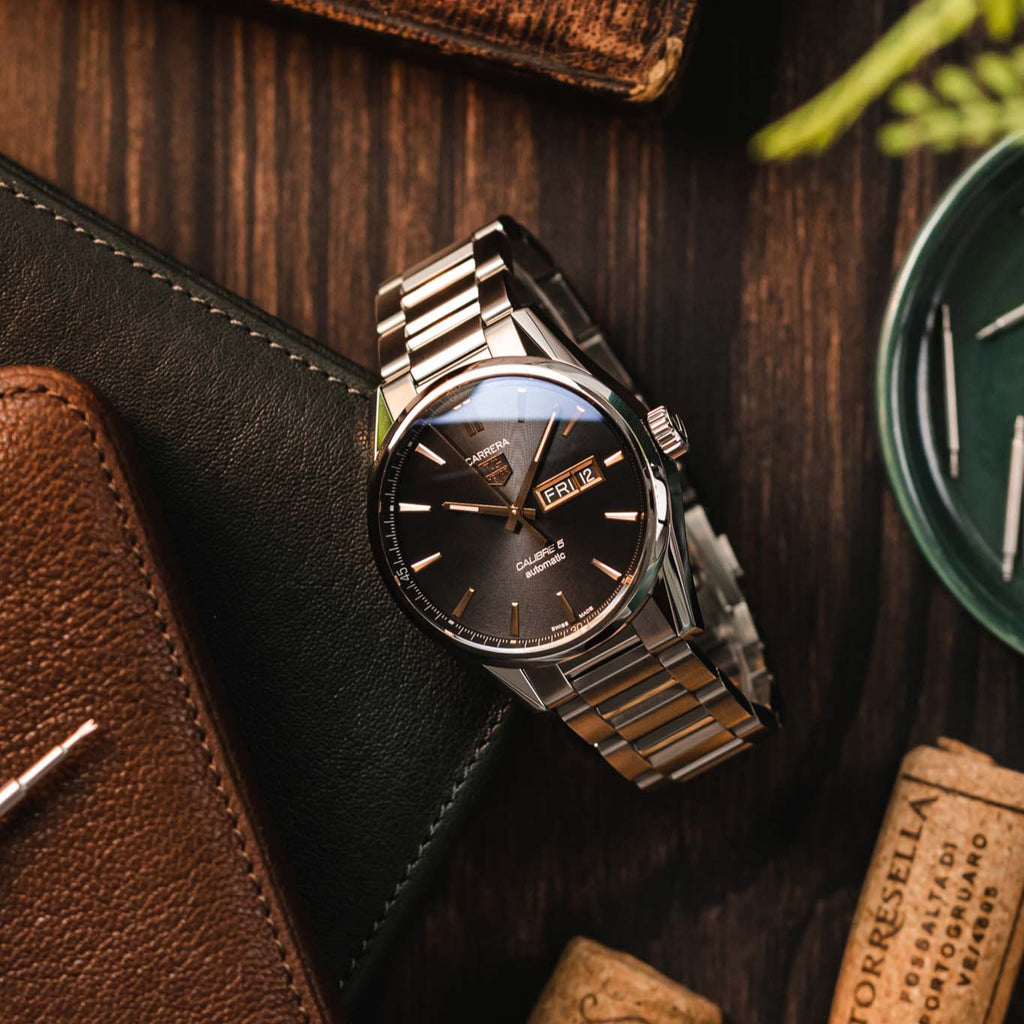 Tag Heuer Carrera Calibre 5 Automatic Black Dial Silver Steel Strap Watch for Men - WAR201C.BA0723