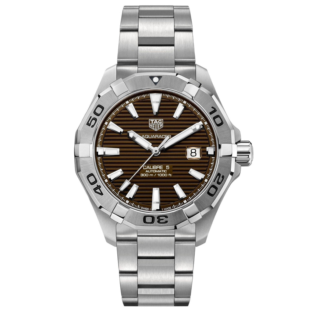 Tag Heuer Aquaracer Calibre 5 Automatic Sunray Brown Dial Silver Steel Strap Watch for Men - WAY2018.BA0927
