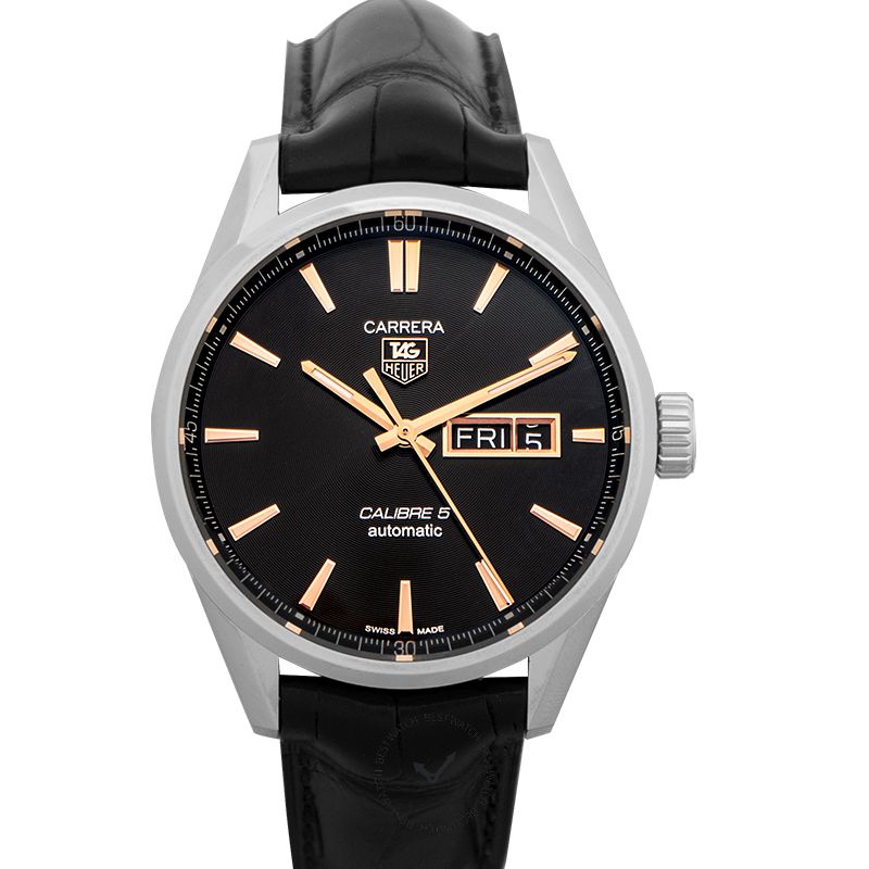 Tag Heuer Carrera Calibre 5 Automatic Black Dial Black Leather Strap Watch for Men - WAR201C.FC6266