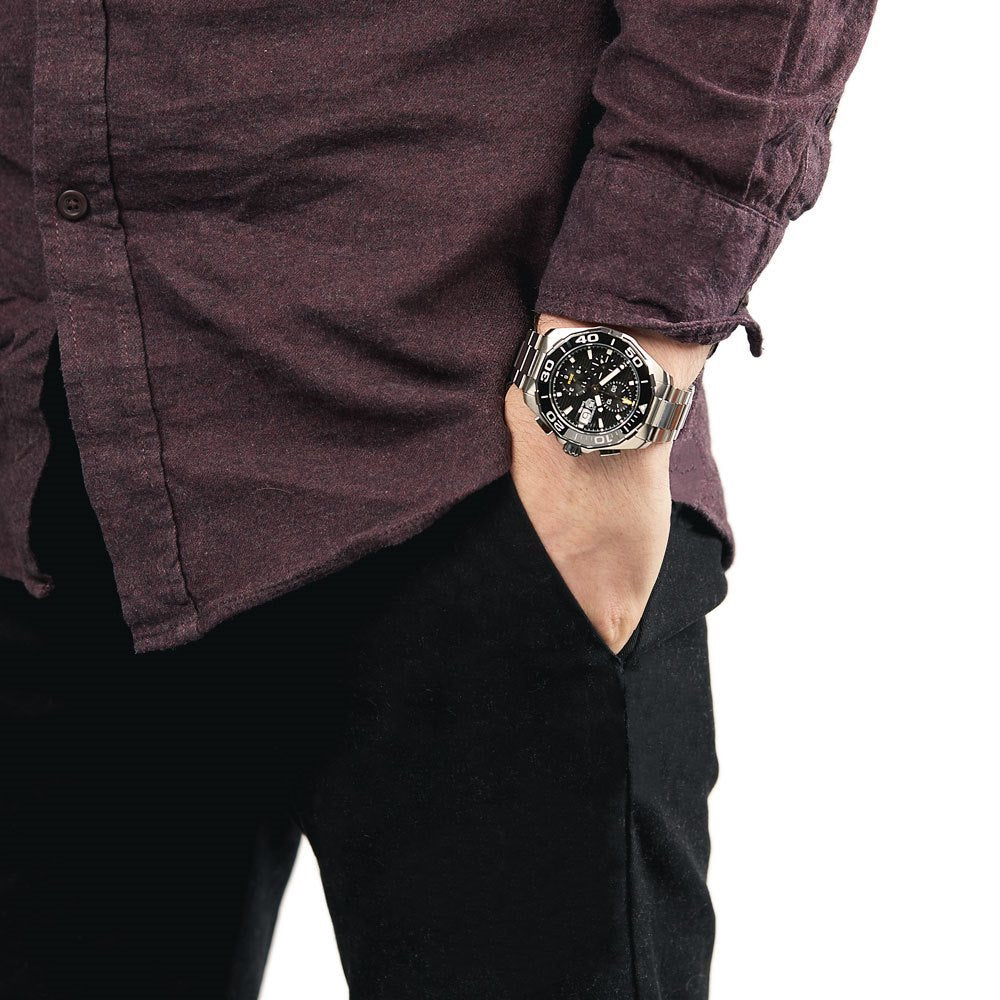 Tag Heuer Aquaracer Calibre 16 Day-Date Black Dial Silver Steel Strap Watch for Men - CAY211A.BA0927