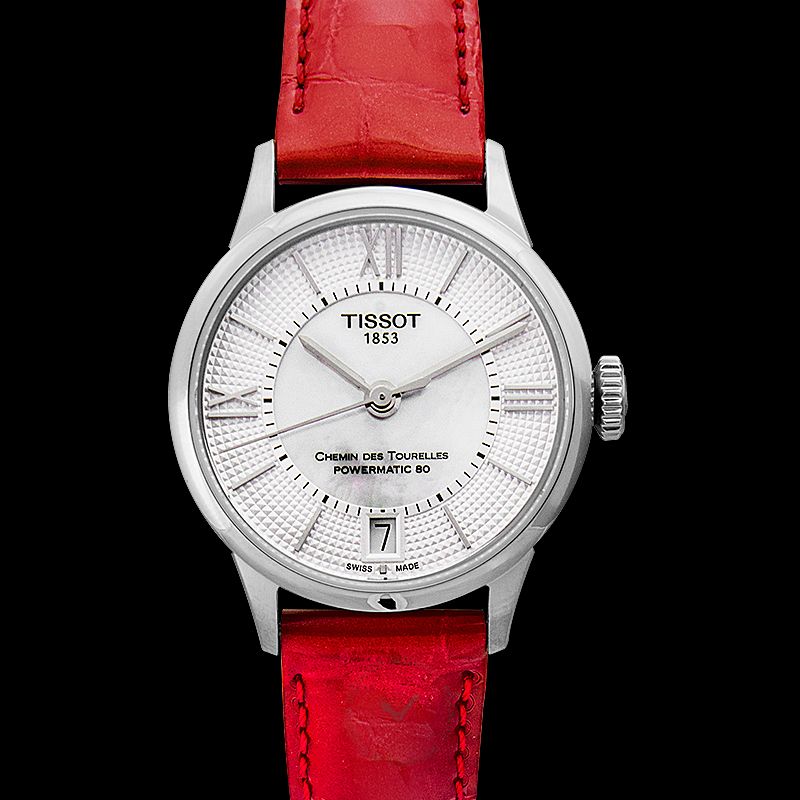 Tissot Chemin Des Tourelles Powermatic 80 Mother of Pearl White Dial Red Leather Strap Watch For Women - T099.207.16.118.00