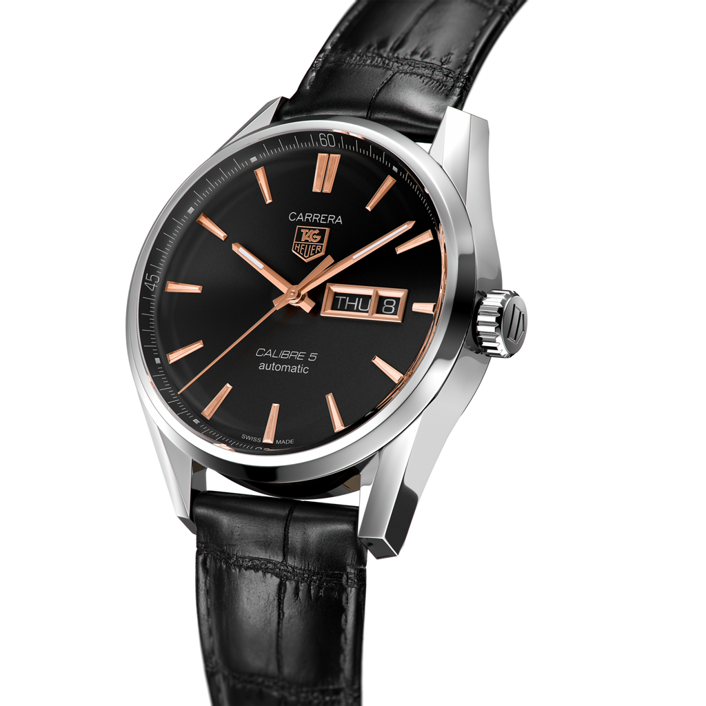 Tag Heuer Carrera Calibre 5 Automatic Black Dial Black Leather Strap Watch for Men - WAR201C.FC6266